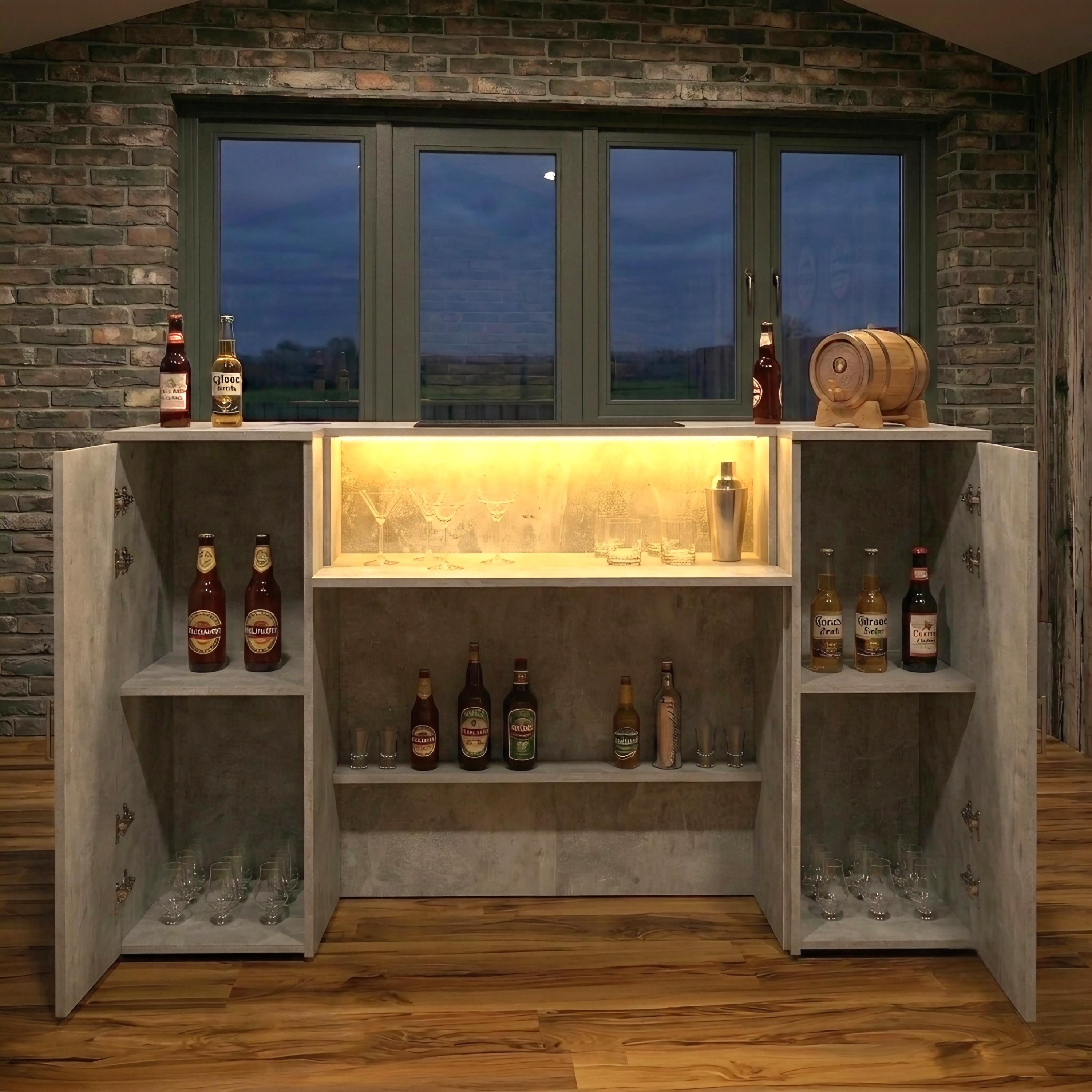 Grey Stone Effect LED Home Bar with Stools (6ft)