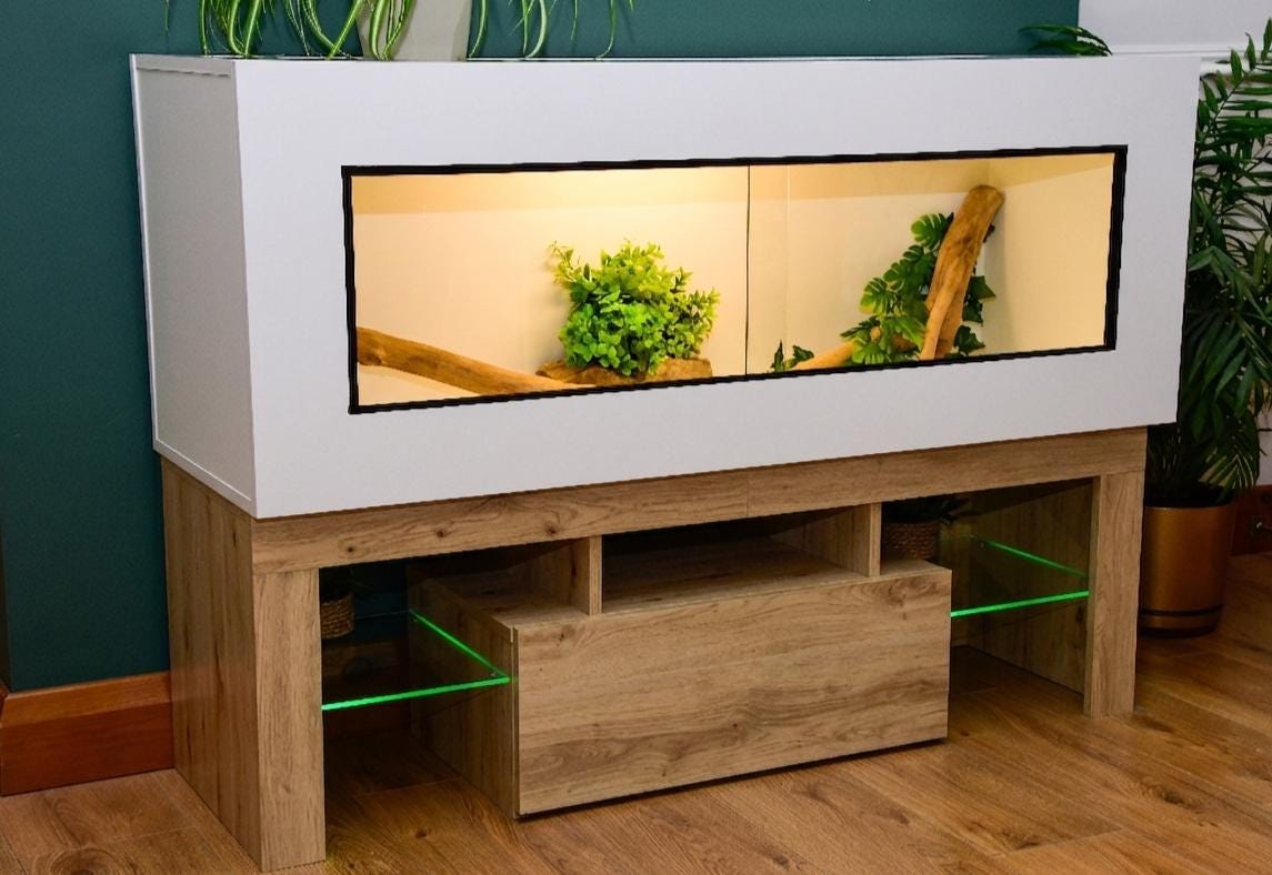 4ft Modern White Reptile Vivarium + Artisan Oak Effect LED Stand and Light Included