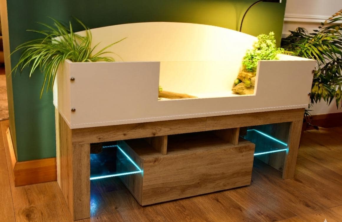 4ft x 16" x 15" Open Top Tortoise Table + Artisan Oak Effect LED Stand and Glass Window