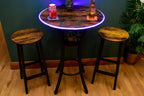 Rustic LED Round Industrial Dark Wood Bar Table with Matching Stools - For Bars, Restaurants & Home Dining