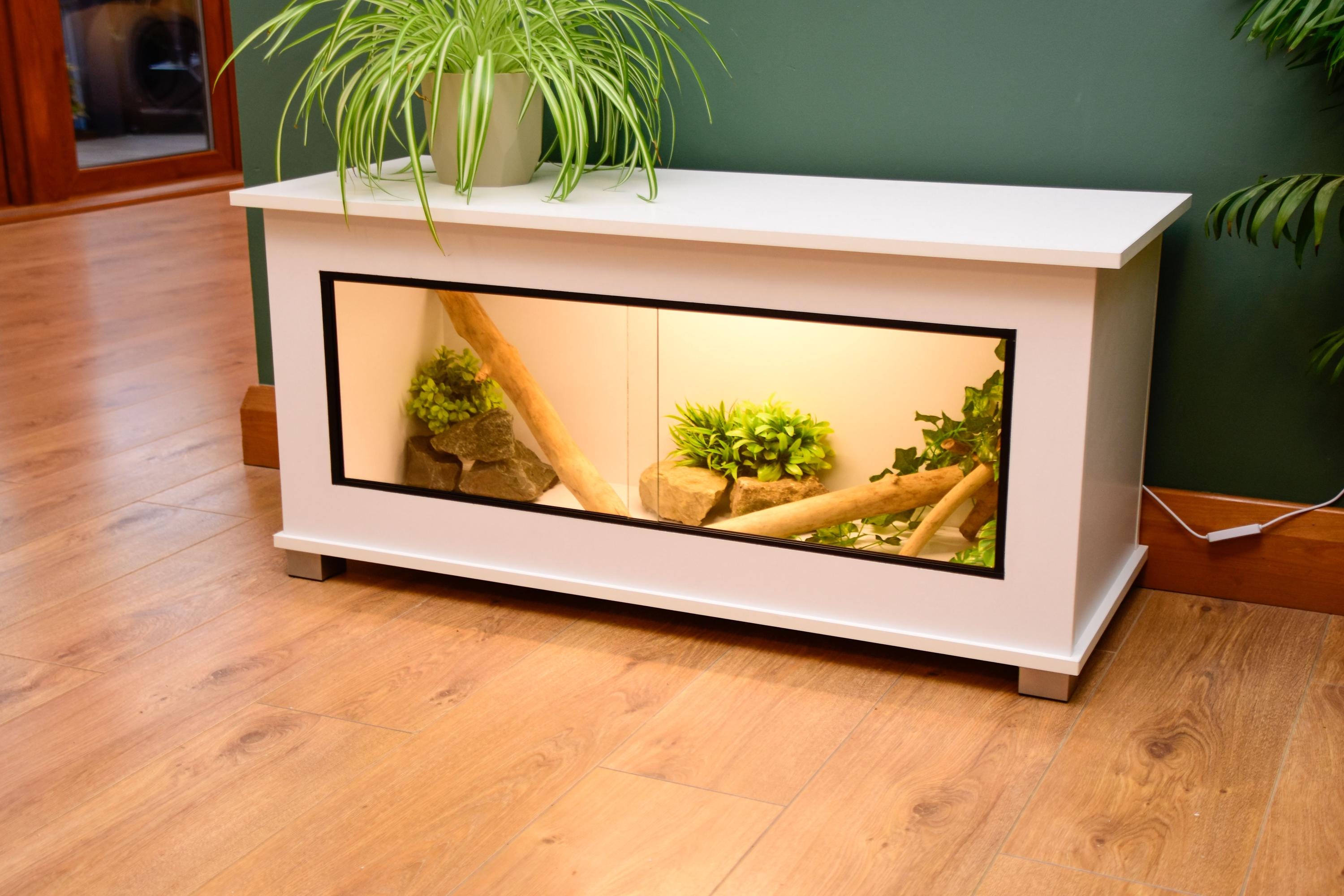 Modern White Reptile Vivarium / Tortoise Table - 1m Wide (Between 3-4ft) - Sliding Doors & Hinge Lid -LED Light Included