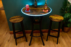 Rustic LED Round Industrial Dark Wood Bar Table with Matching Stools - For Bars, Restaurants & Home Dining