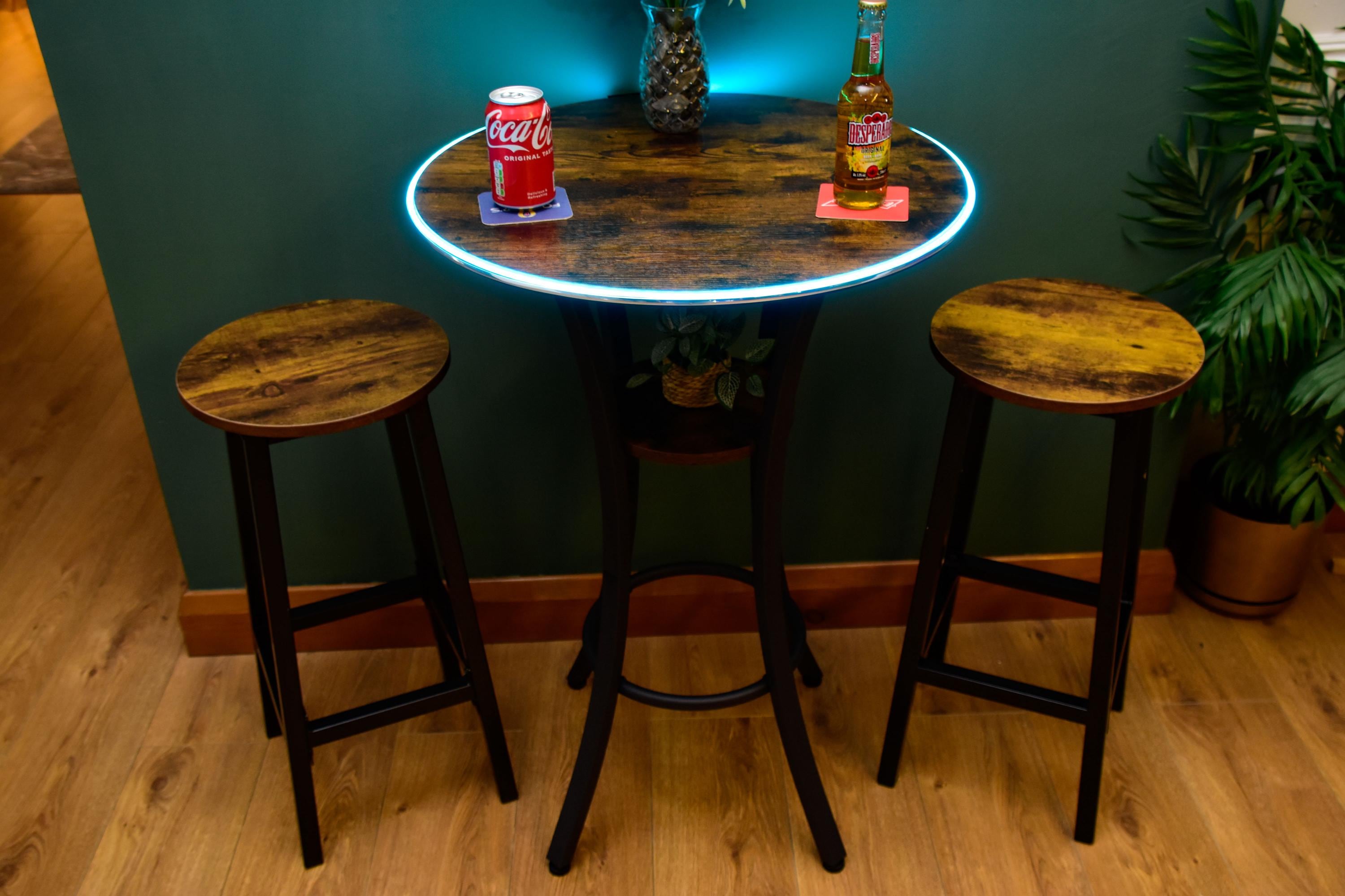 Rustic LED Round Industrial Dark Wood Bar Table with Matching Stools - For Bars, Restaurants & Home Dining