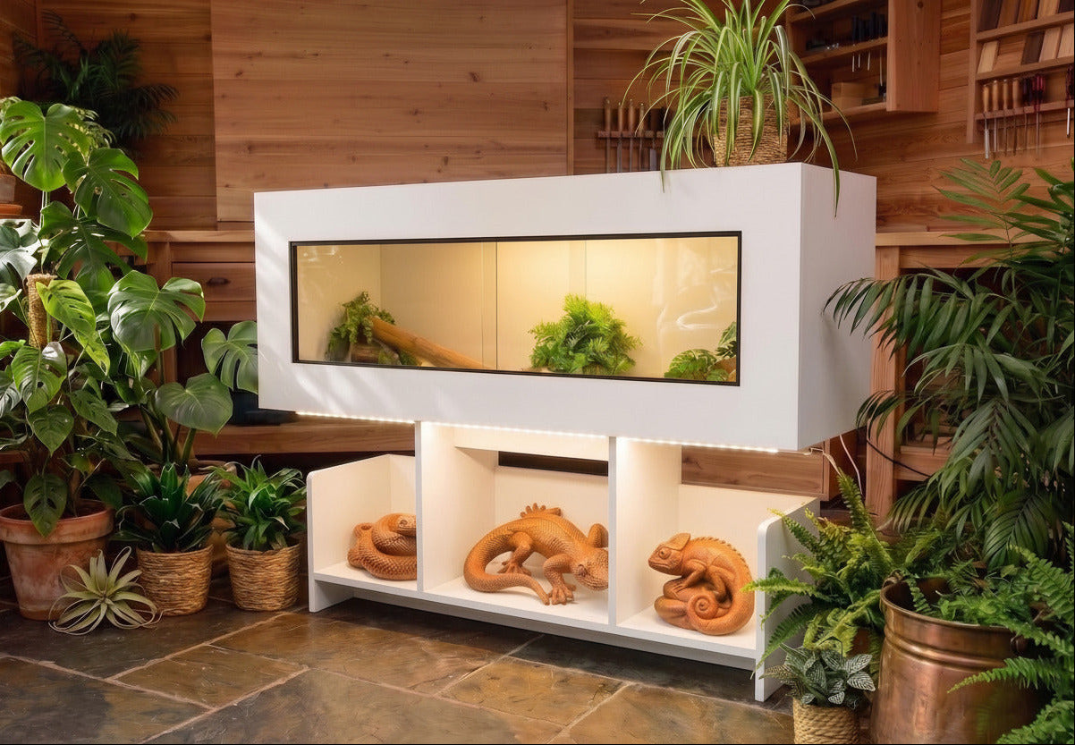 4ft Modern White Reptile Vivarium + Wide White Stand - LED Lights Included
