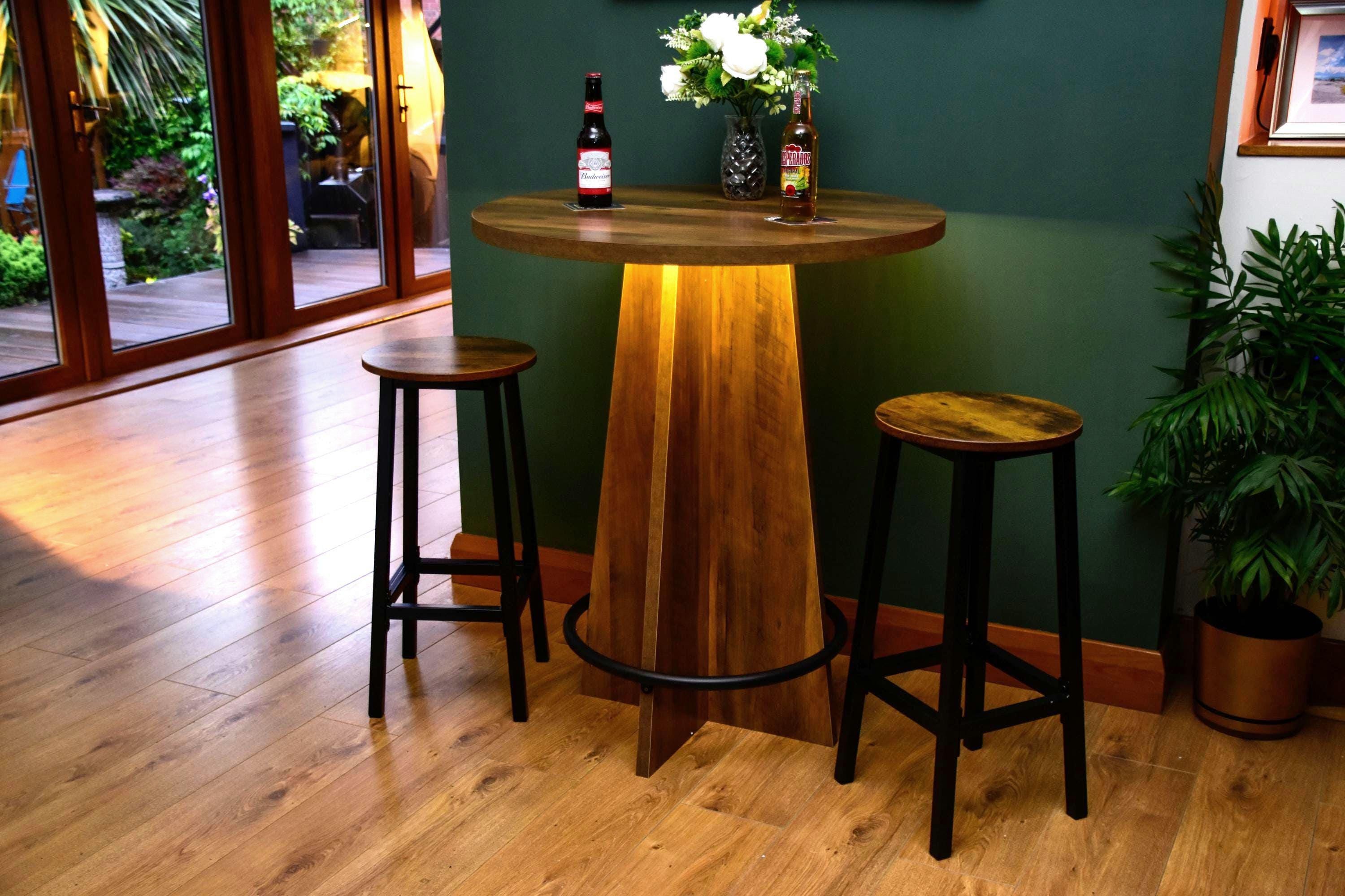Rustic Wood Effect LED Bistro Bar Table - Metal Ring Footrest - Stools Optional