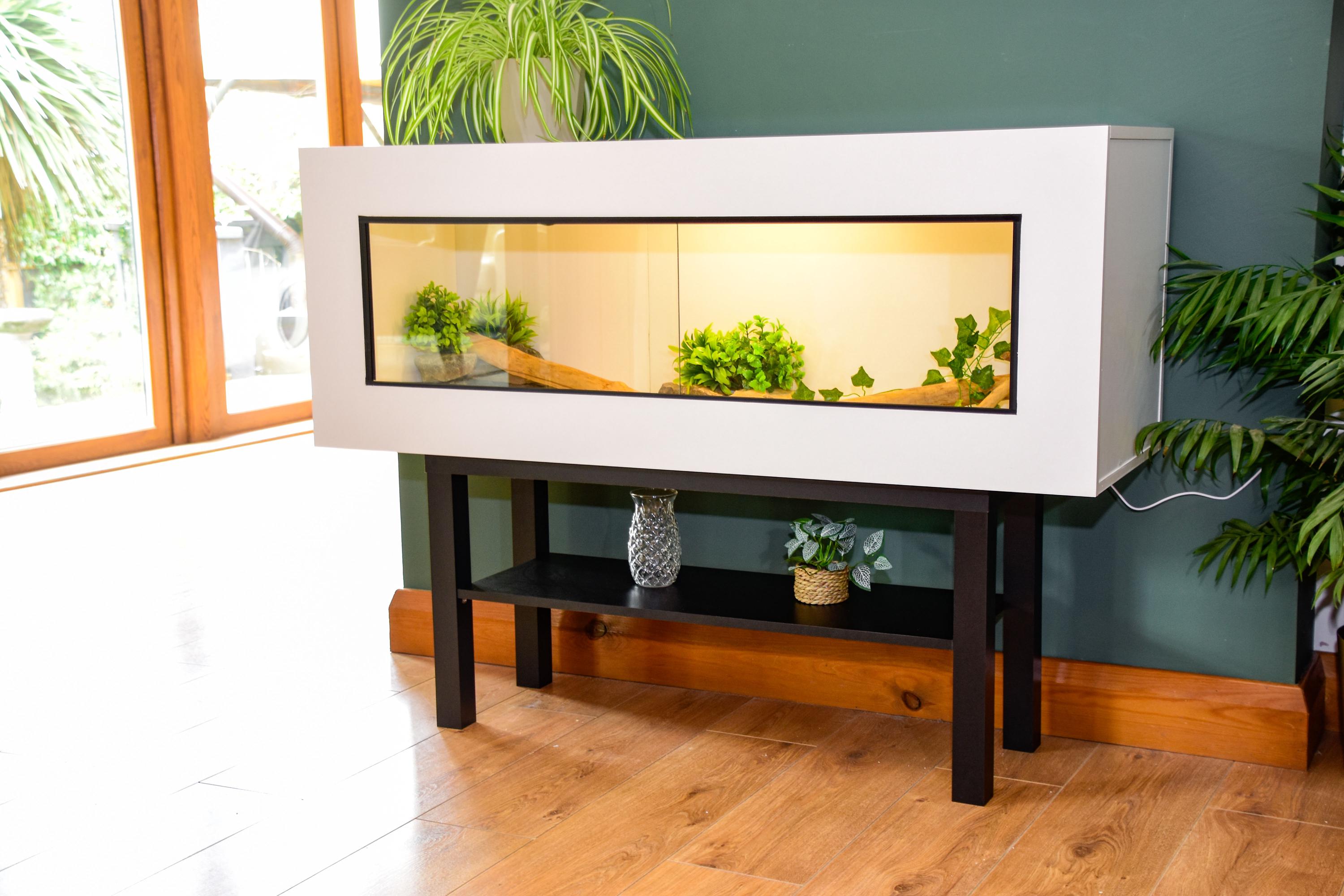 4ft Modern White Reptile Vivarium + Black Stand - LED Light Included