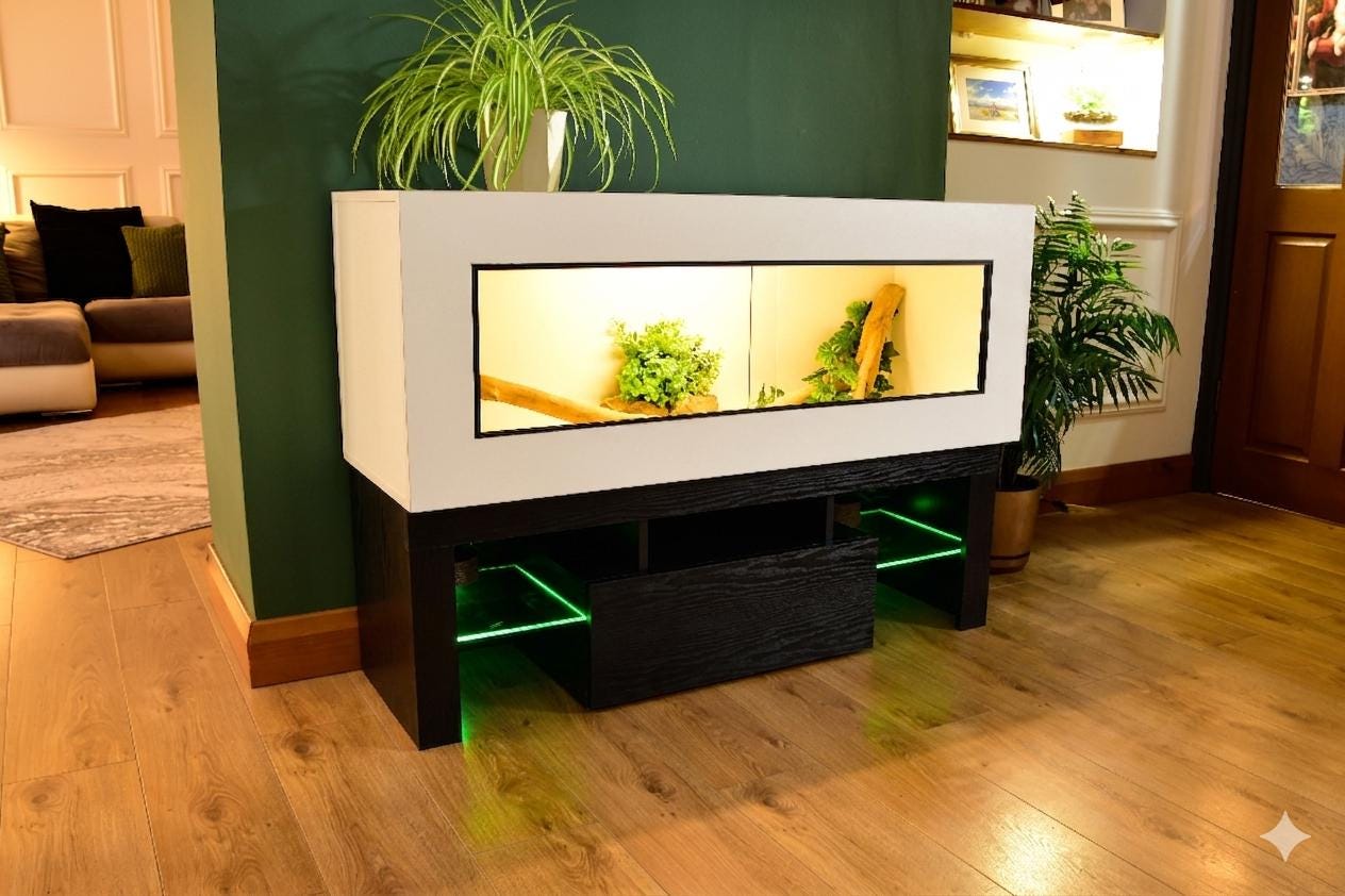 4ft Modern White Reptile Vivarium + Black LED Stand and Light Included