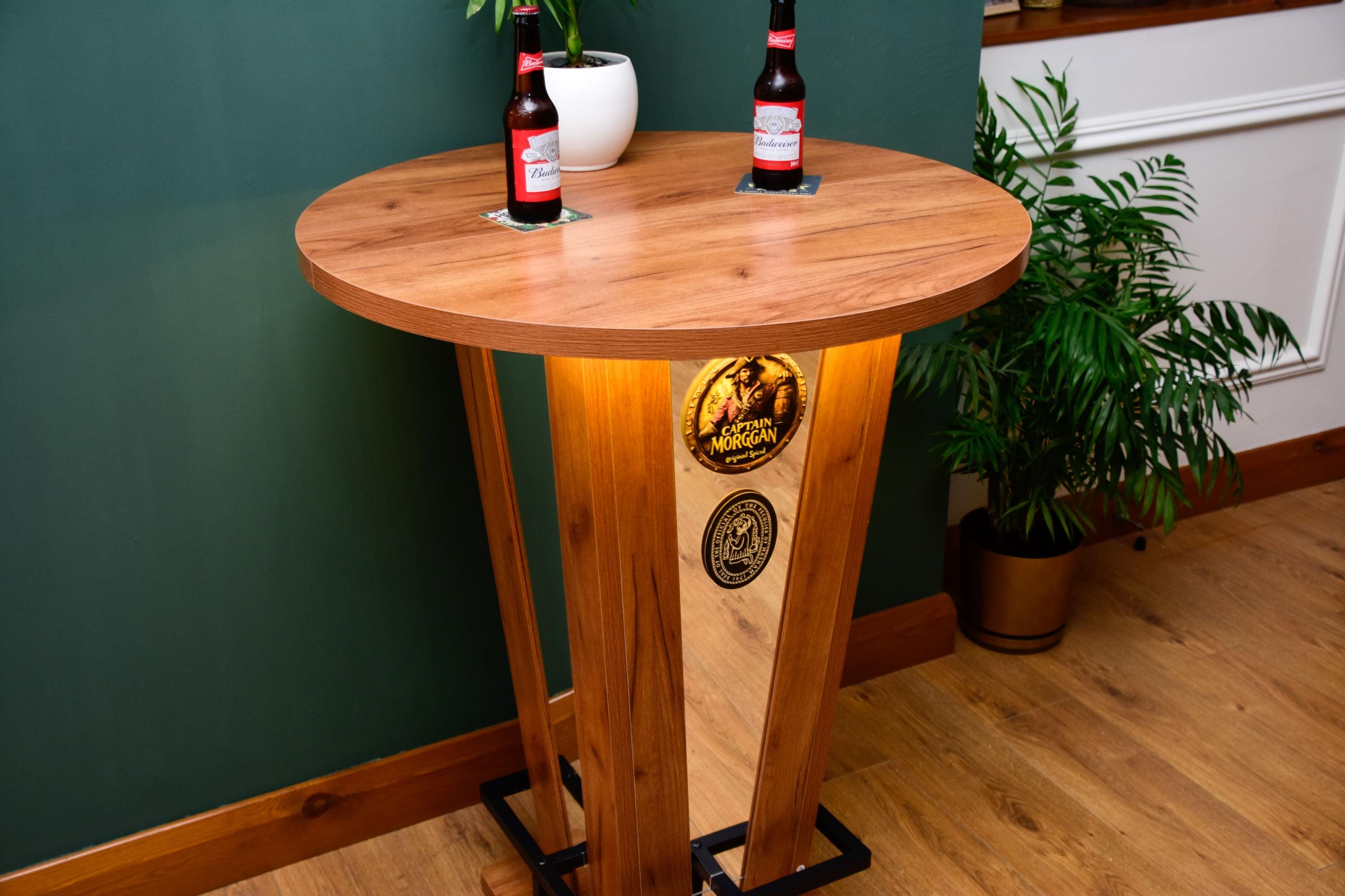 Rustic Oak Effect Mirrored LED Wooden Bar Table - Stools Optional - For Bars, Restaurants & Home Dining