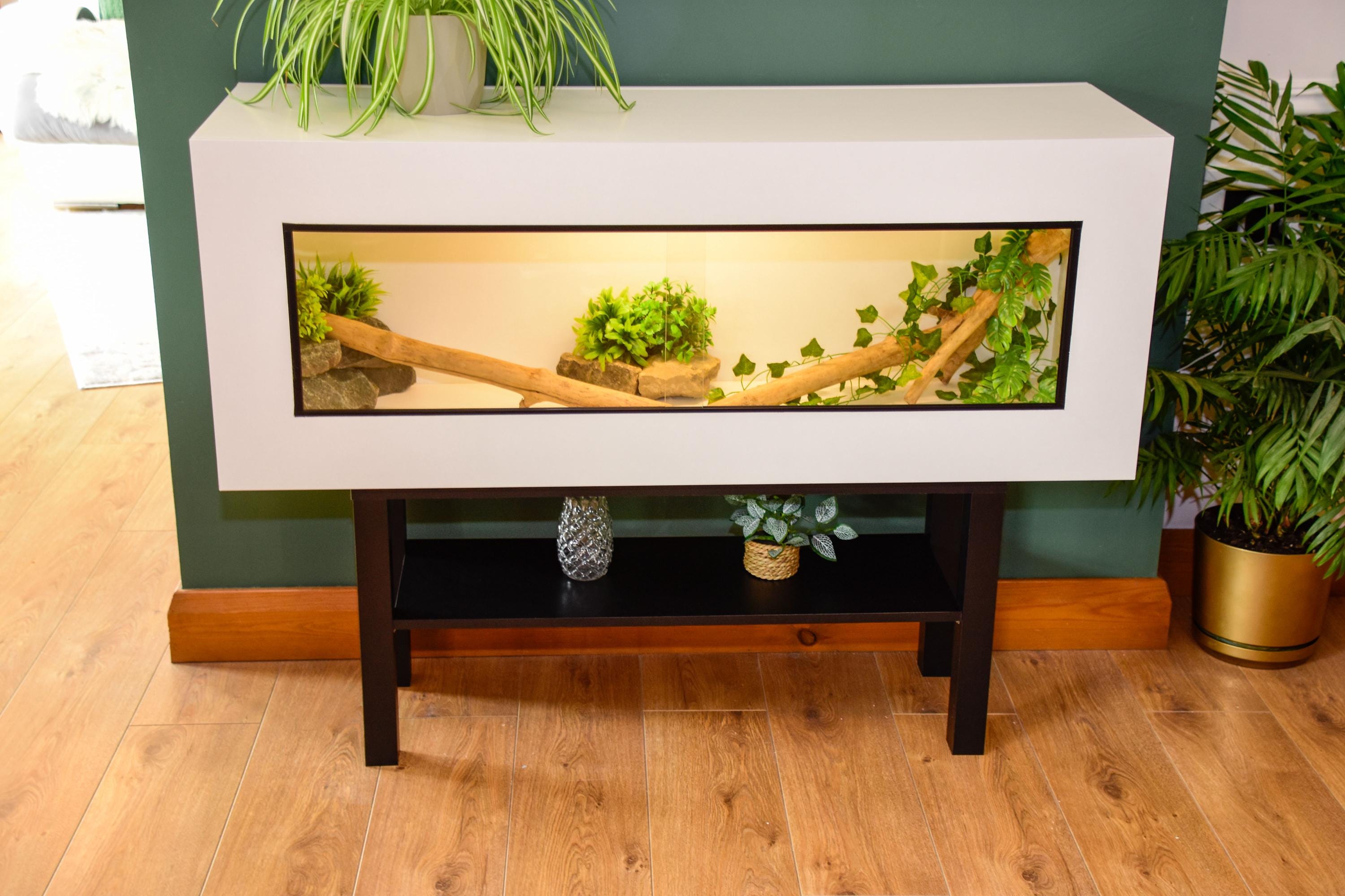 4ft Modern White Reptile Vivarium + Black Stand - LED Light Included