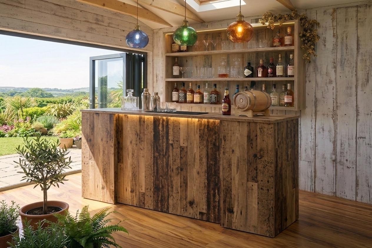 Old Wood Effect LED Home Bar with Stools (6ft)