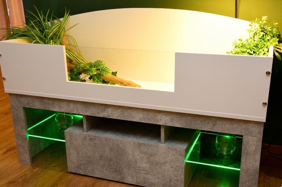 4ft x 16" x 15" Open Top Tortoise Table + Grey Stone Effect LED Stand and Glass Window
