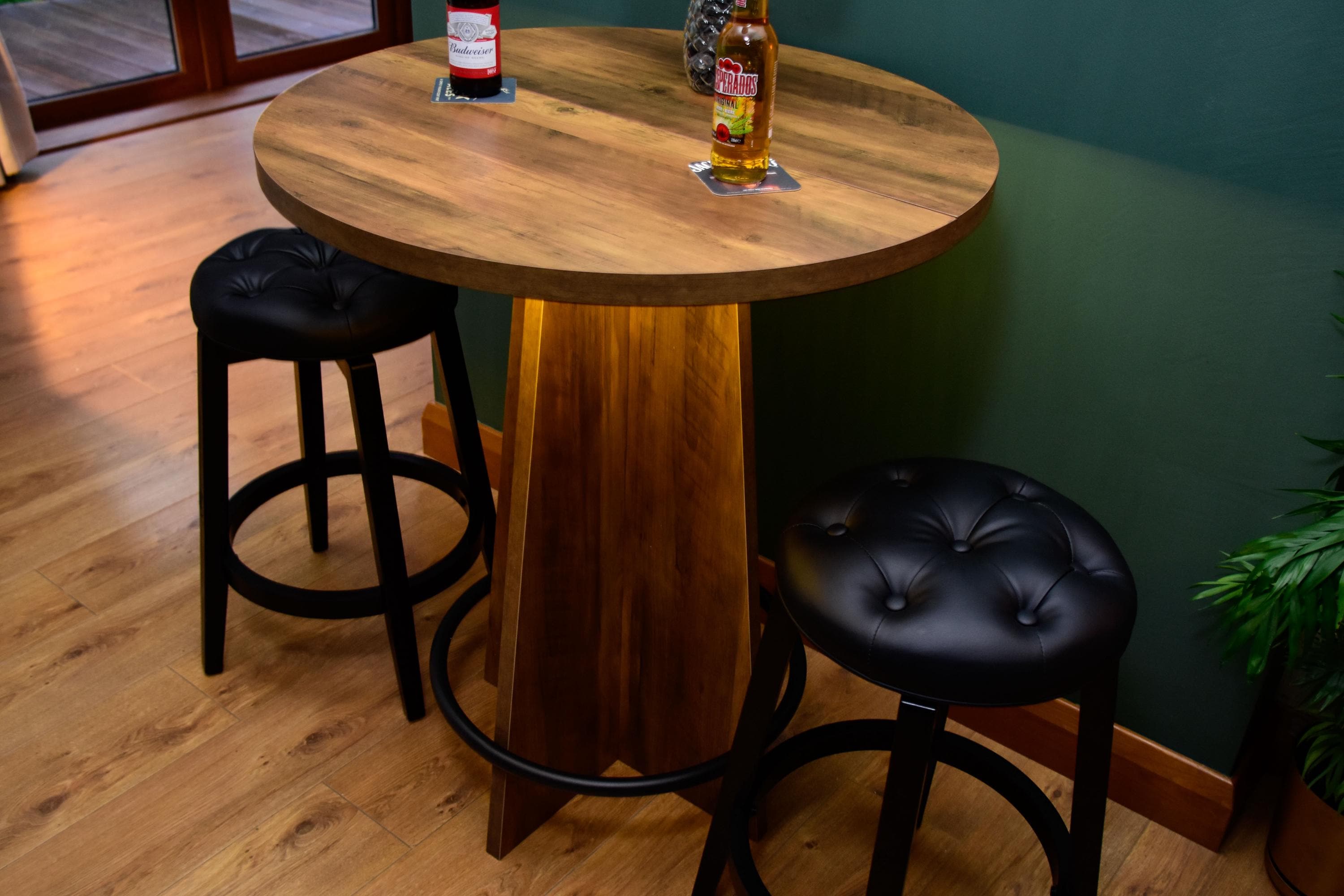 Rustic Wood Effect LED Bistro Bar Table - Metal Ring Footrest - Stools Optional